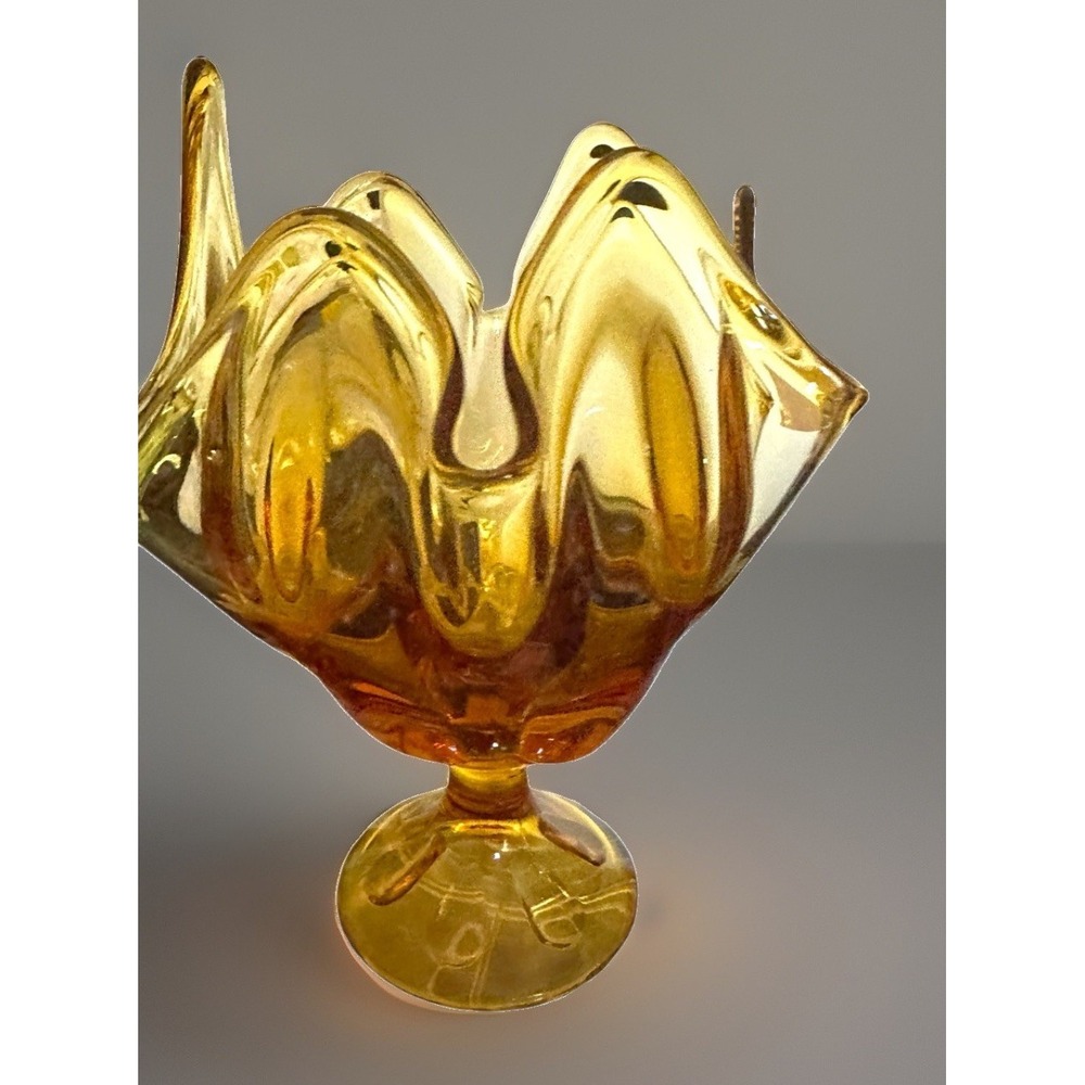 Viking Amber Art Glass Handkerchief Vase Six Petal Pedestal Mid Century 7.75" T - Picture 4 of 12